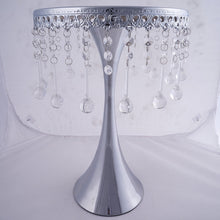 Load image into Gallery viewer, 17" Tall Silver Metallic Trumpet Cake Riser Centerpiece with hanging Acrylic Crystal Chains