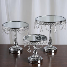 Load image into Gallery viewer, Set of 3 Silver Round Modern Mirror Top Cup Cake Riser Centerpiece Stand with Hanging Acrylic Crystal Chains