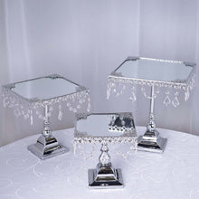 Load image into Gallery viewer, Set of 3 Silver Square Metallic Modern Cup Cake Riser Centerpiece Stand with Crystal Pendant Chains