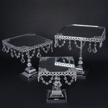 Load image into Gallery viewer, Set of 3 Silver Square Metallic Modern Cup Cake Riser Centerpiece Stand with Crystal Pendant Chains