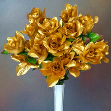 Load image into Gallery viewer, Velvet Open Rose Bush Artificial Silk Flowers - Gold

