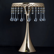 Load image into Gallery viewer, 17" Tall Gold Metallic Trumpet Cake Riser Centerpiece with hanging Acrylic Crystal Chains
