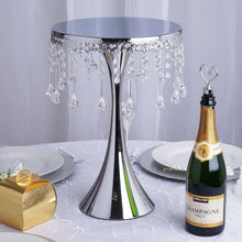 Load image into Gallery viewer, 17" Tall Silver Metallic Trumpet Cake Riser Centerpiece with hanging Acrylic Crystal Chains
