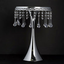 Load image into Gallery viewer, 17" Tall Silver Metallic Trumpet Cake Riser Centerpiece with hanging Acrylic Crystal Chains
