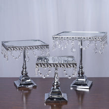 Load image into Gallery viewer, Set of 3 Silver Square Metallic Modern Cup Cake Riser Centerpiece Stand with Crystal Pendant Chains
